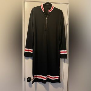 Black midi dress with red and white stripes.